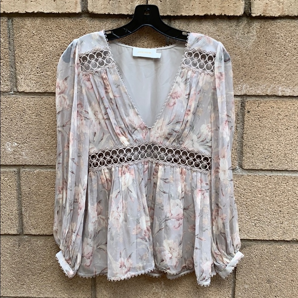 Zimmermann Floral Lace Trim Blouse - Cream and Pink